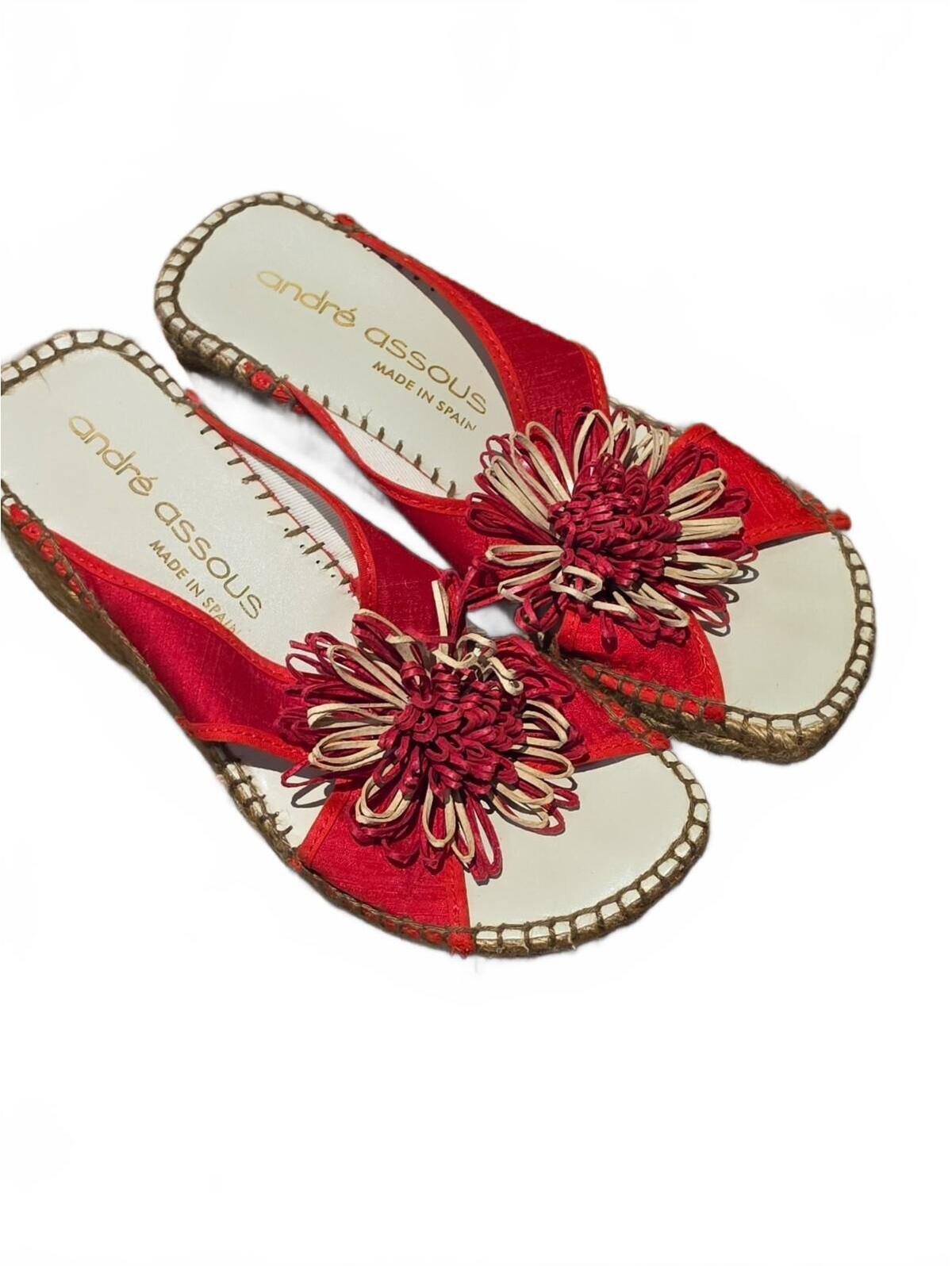 Andr Assous Chacha Flower Wedge Sandals Red Silk Size 6 Nwot